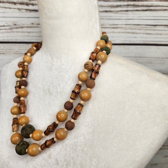 Vintage Multi Strand Bohemian Wooden Beaded Necklace Retro - Picture 2 of 5
